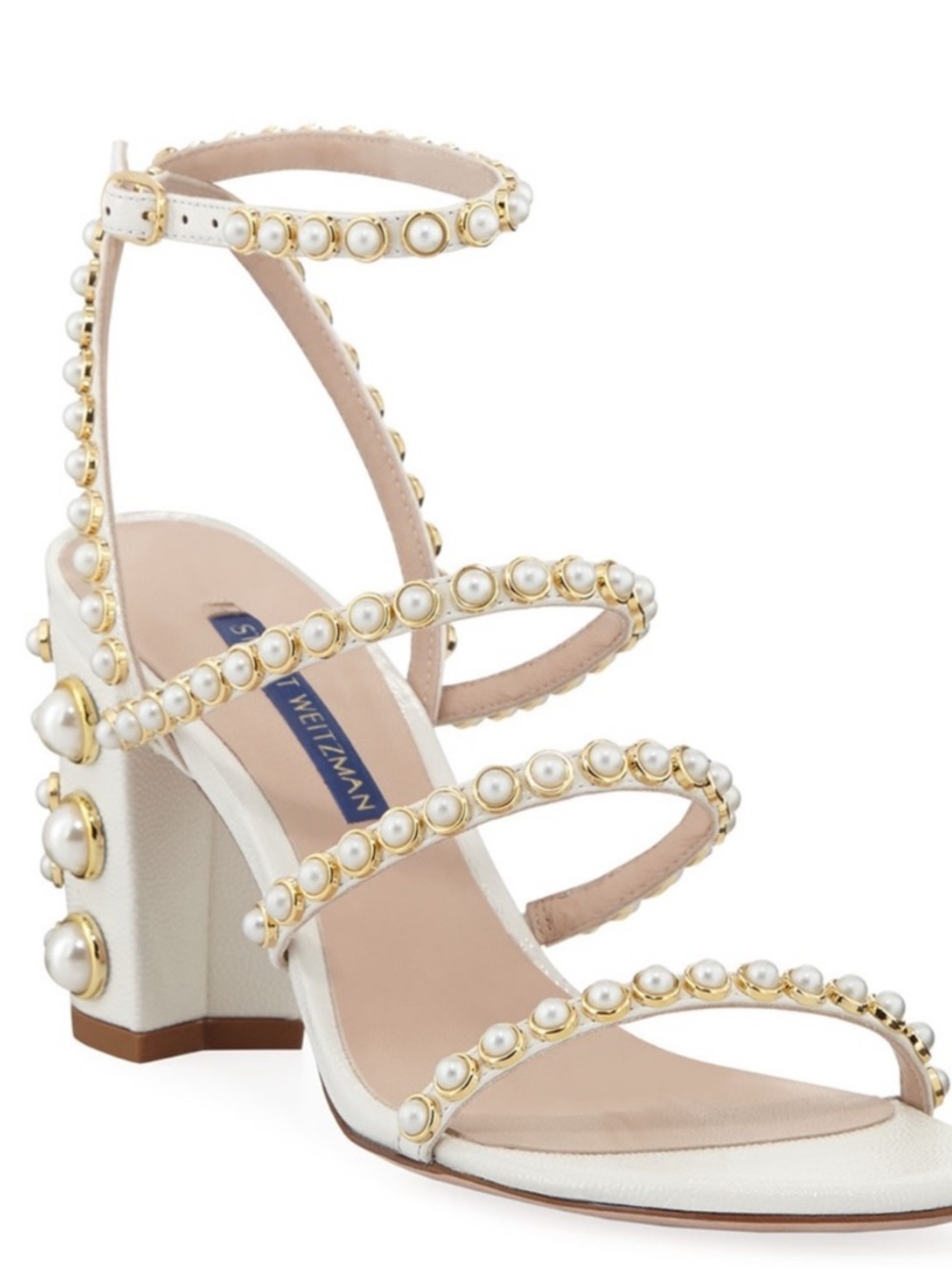 Stuart Weitzman White Pearl-Studded Multi-Strap Block Heel Sandals